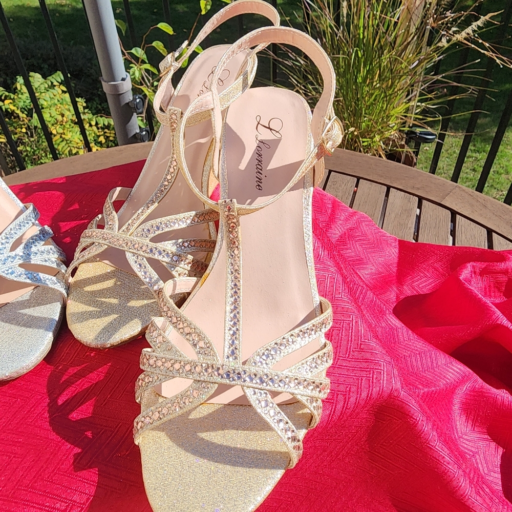 Sandals for dress. 2 pairs 1 silver 1 gold both studded